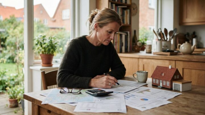 Boligejer gennemgår papirer om ejendomsværdiskat og grundskyld ved køkkenbordet
