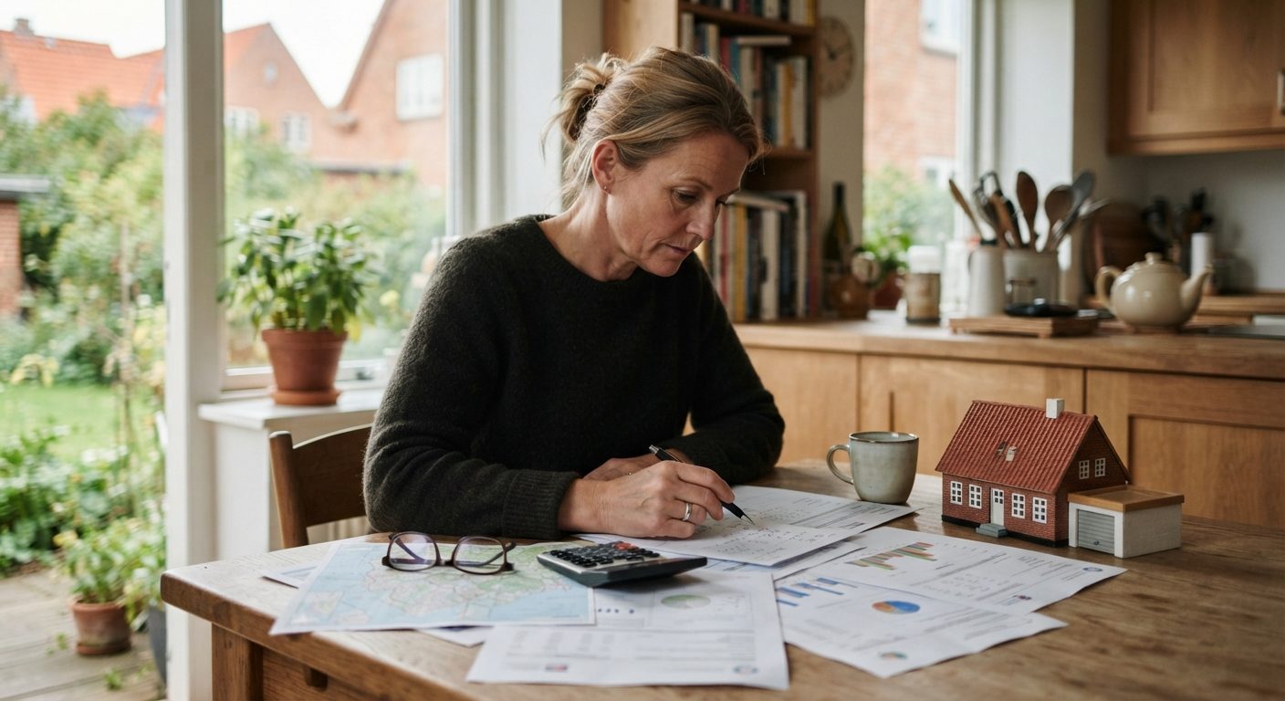 Boligejer gennemgår papirer om ejendomsværdiskat og grundskyld ved køkkenbordet