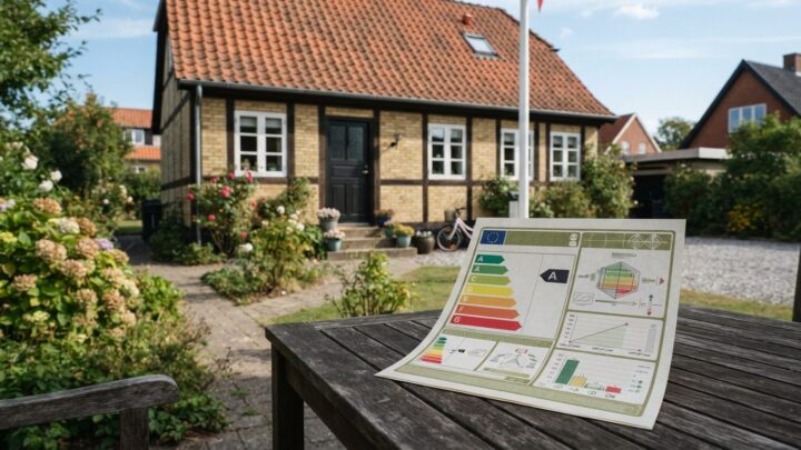 Dansk hus med energimærke dokument der viser boligens energimærke