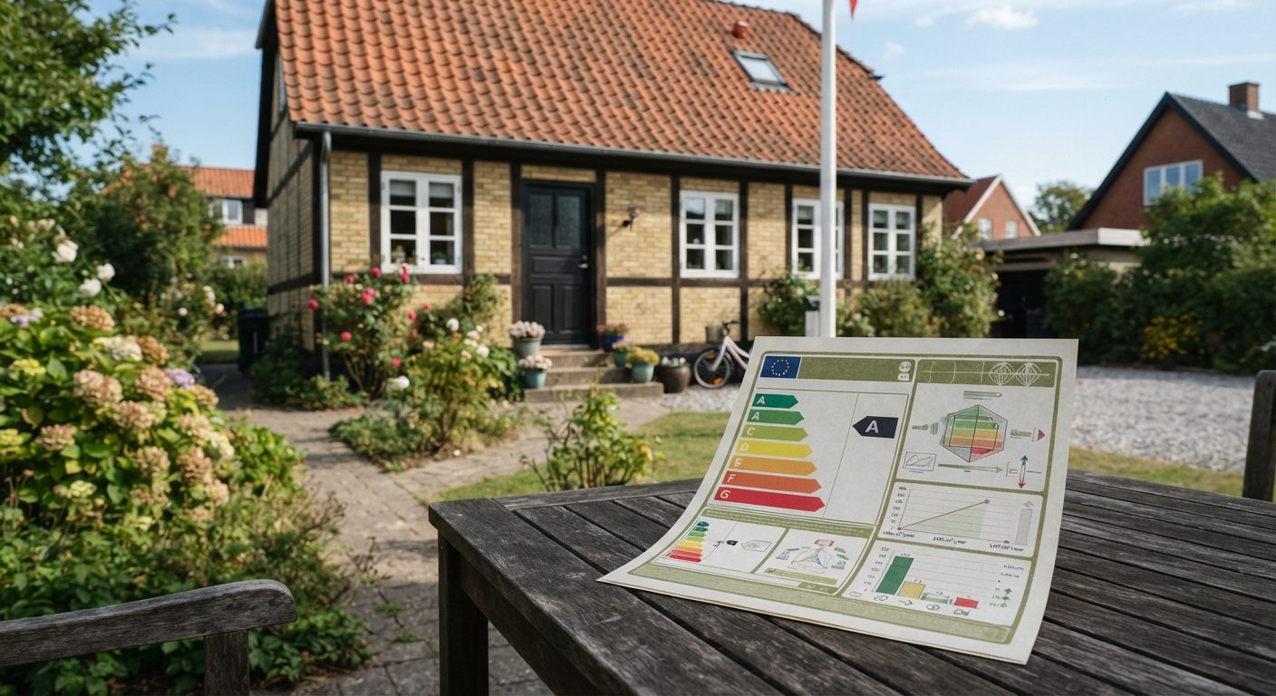 Dansk hus med energimærke dokument der viser boligens energimærke