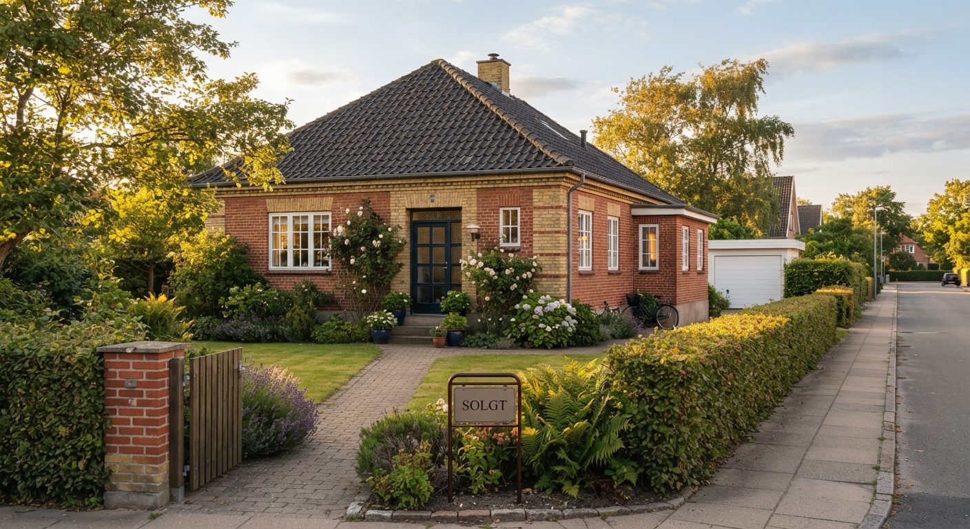Dansk parcelhus med solgt-skilt der illustrerer parcelhusreglen ved boligsalg