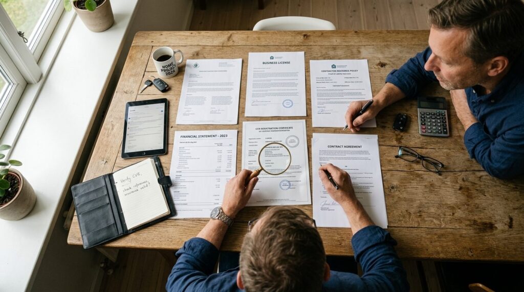 Overhead flat lay shot of a homeowner reviewing contractor c
