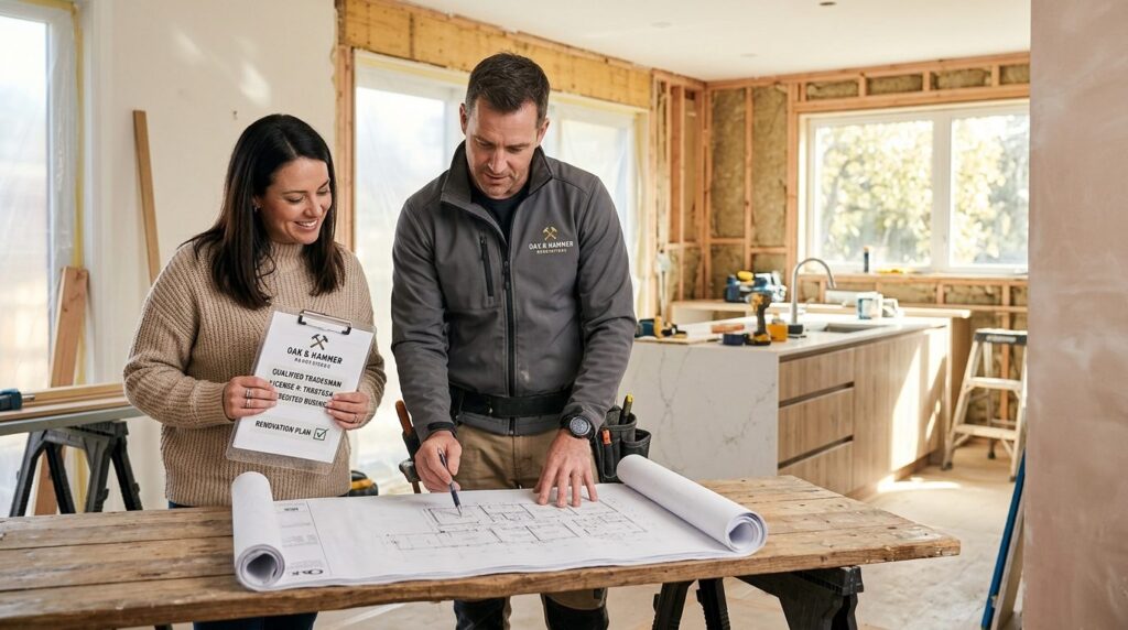Mid-shot of a homeowner meeting with a qualified tradesman i