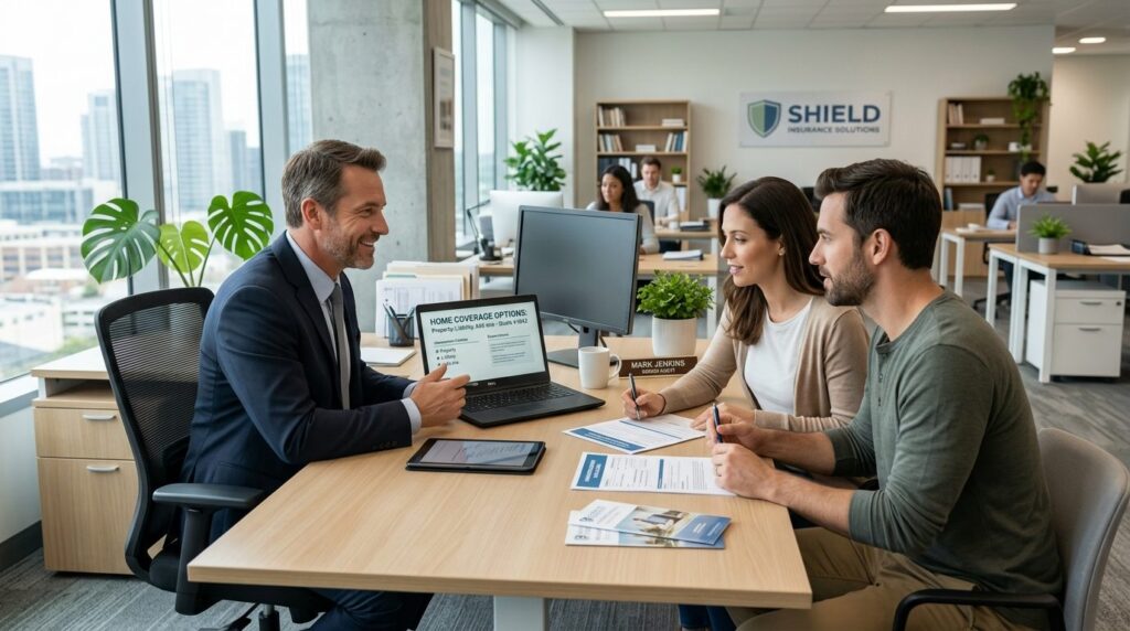 Wide angle photograph of a professional insurance agent or b