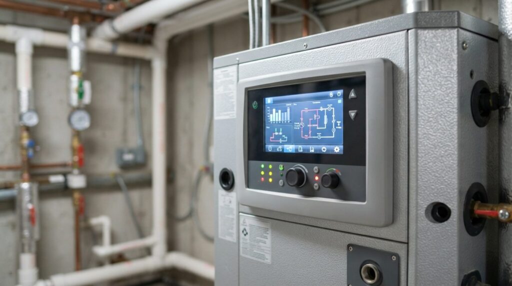 Close-up technical photograph of a geothermal heat pump syst