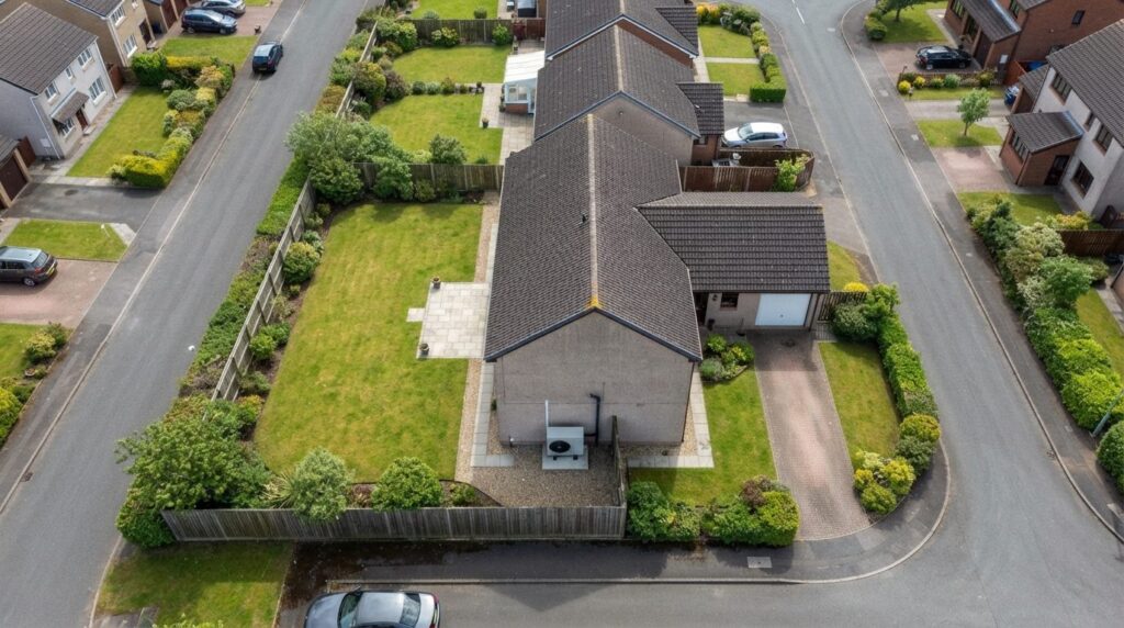 Aerial drone photograph of a residential property showing gr