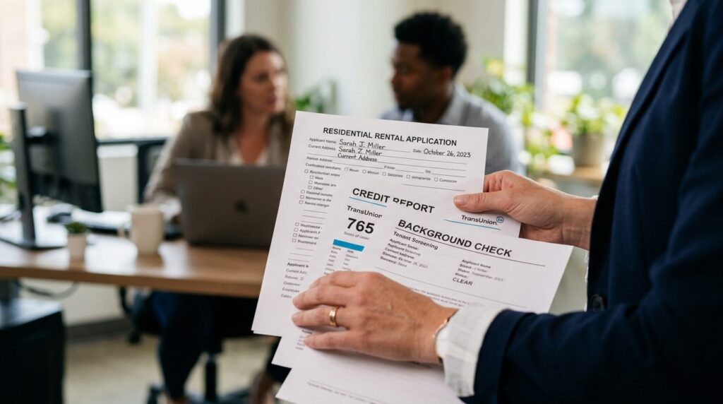 Close-up of hands holding rental application form with credi