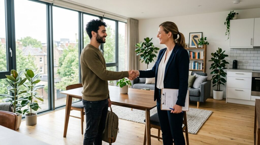 Property manager conducting tenant interview in modern apart