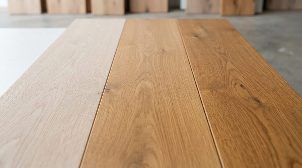 Close-up detail shot of a wooden floor surface showing three