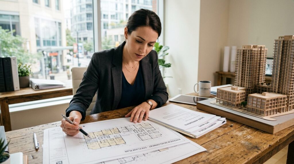 Close-up of a professional real estate agent reviewing prope