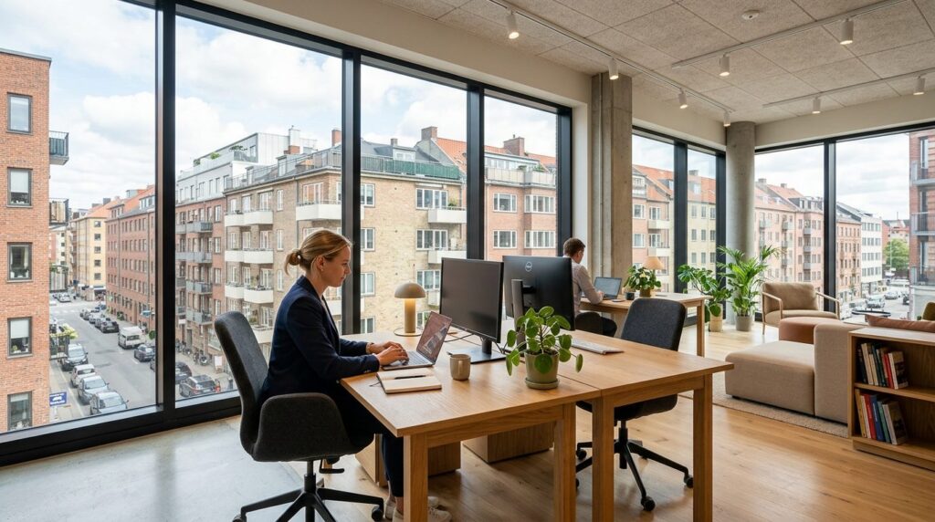 Interior shot of a bright, modern office or retail space wit