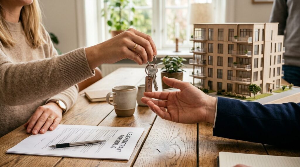 Close-up of hands exchanging house keys over a wooden table 