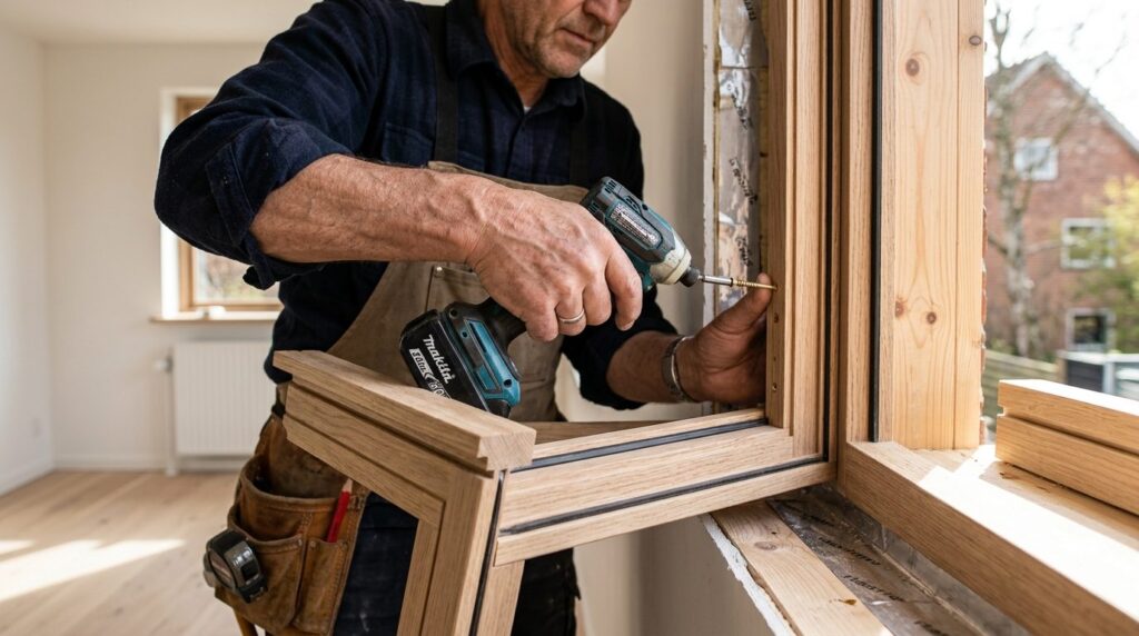 Close-up detail shot of skilled carpenter installing high-qu