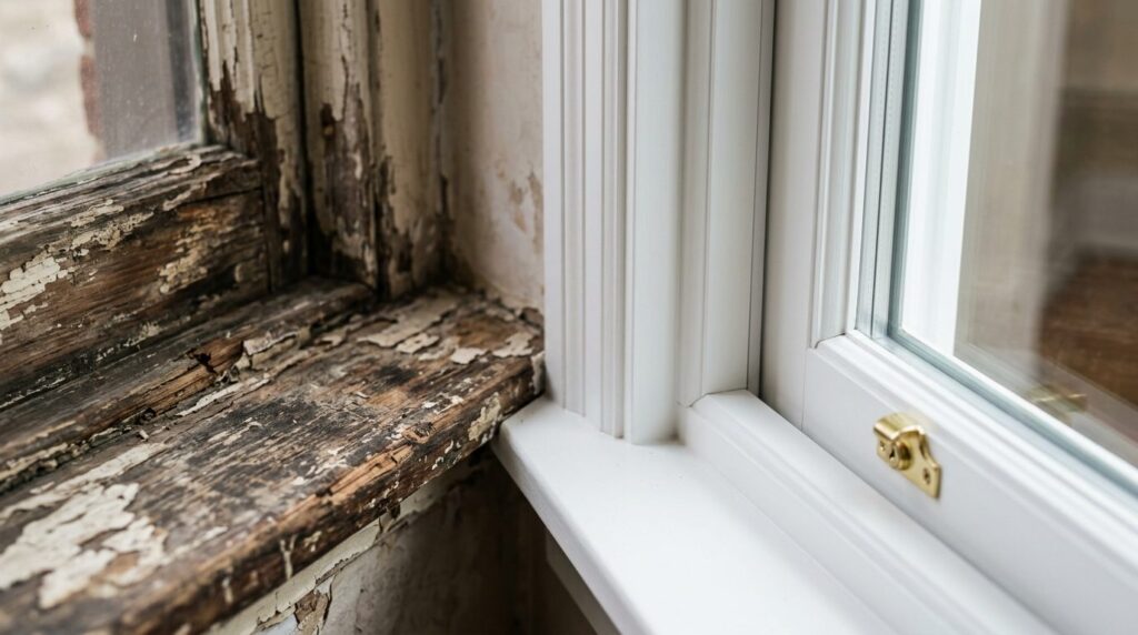 Close-up detail shot of a vintage wooden window sill with vi