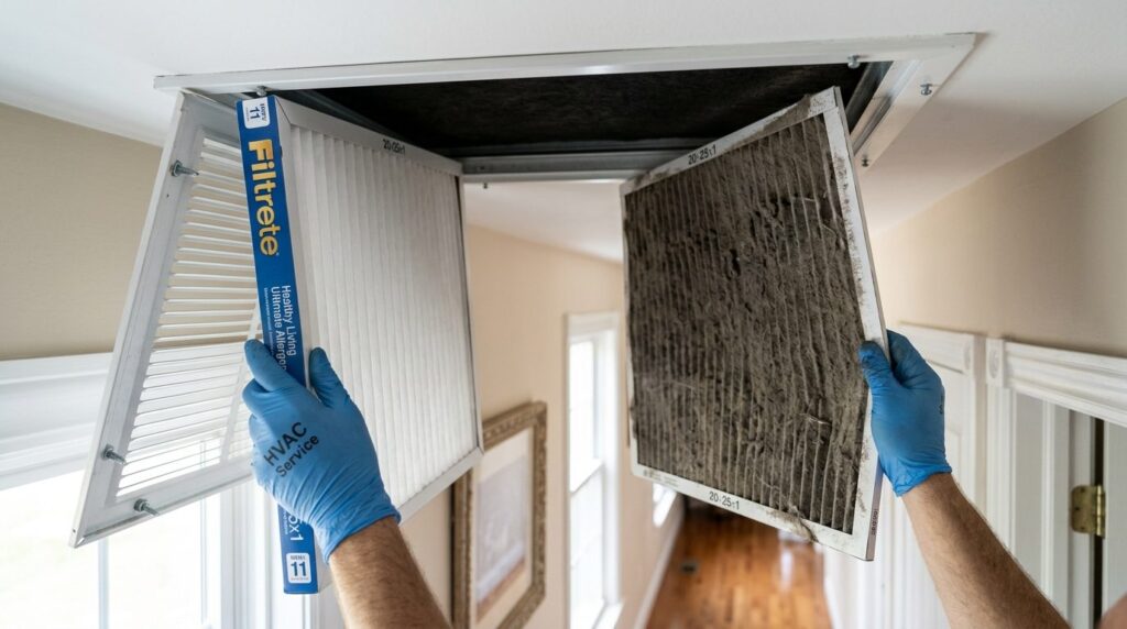 Close-up photorealistic image of dirty dusty ventilation fil