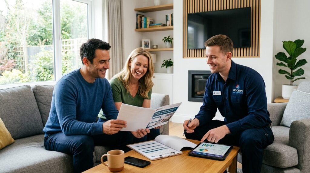 Photorealistic image of a happy homeowner couple reviewing v