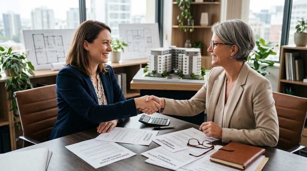 Professional stock photograph, 16:9 ratio, two people (finan