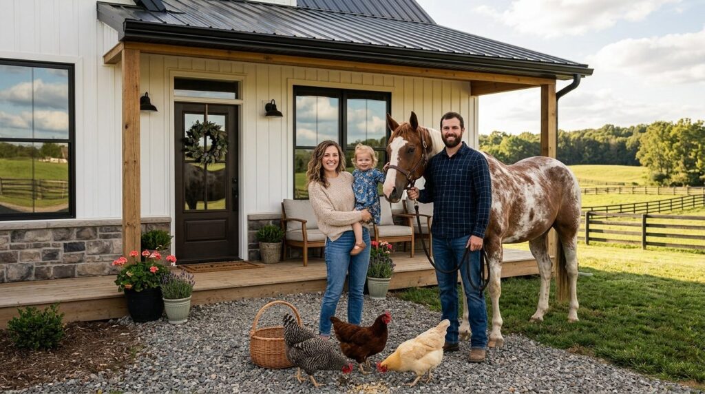 Close-up professional photograph of a young family with a ho