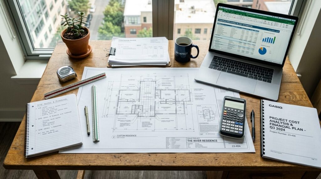 Professional overhead view of architects desk with house bl