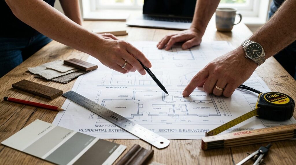 Hænder peger på detaljer på tegning af husrenovering