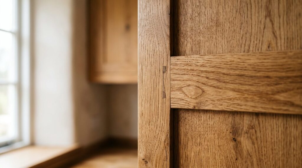 Close-up detail shot of artisan wooden kitchen cabinet doors