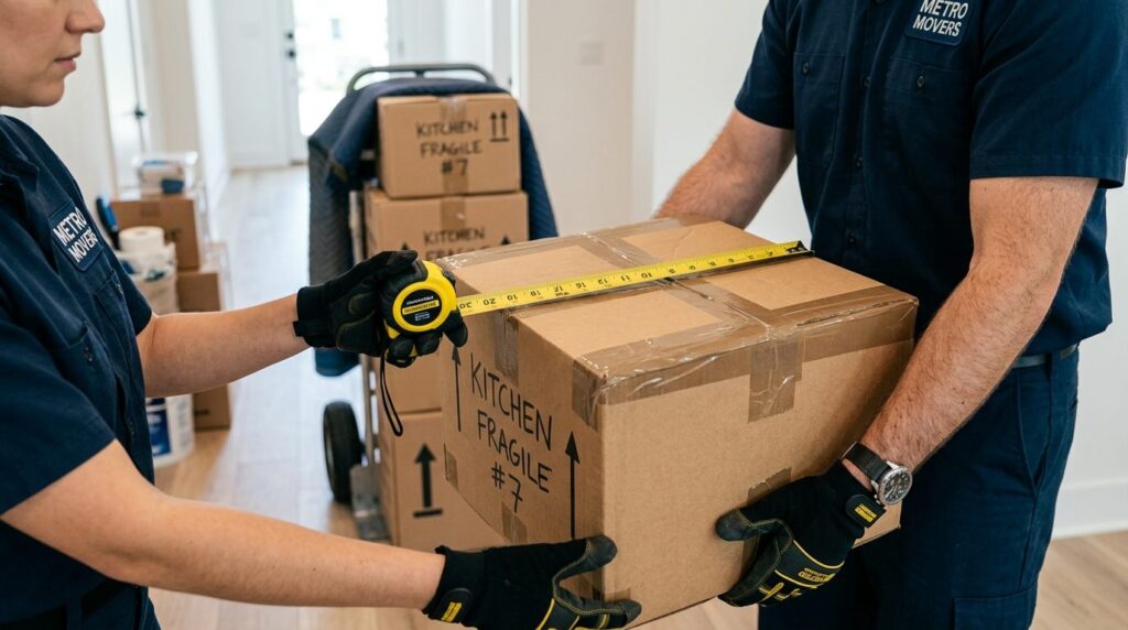 Close-up of professional movers hands holding a cardboard m