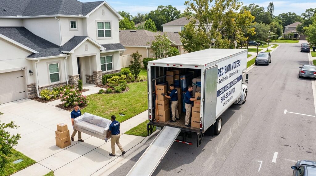 Aerial view of a fully loaded moving truck with professional