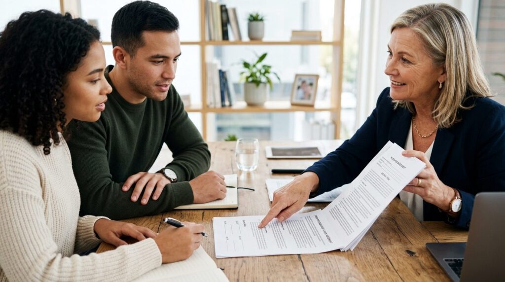 Close-up of experienced female real estate consultant pointi