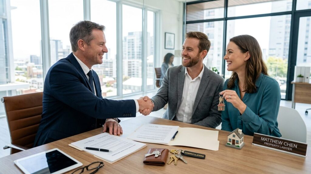 Male property lawyer shaking hands with satisfied clients af