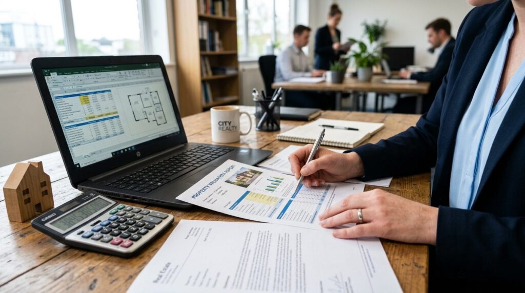 Close-up of hands reviewing property documents and valuation