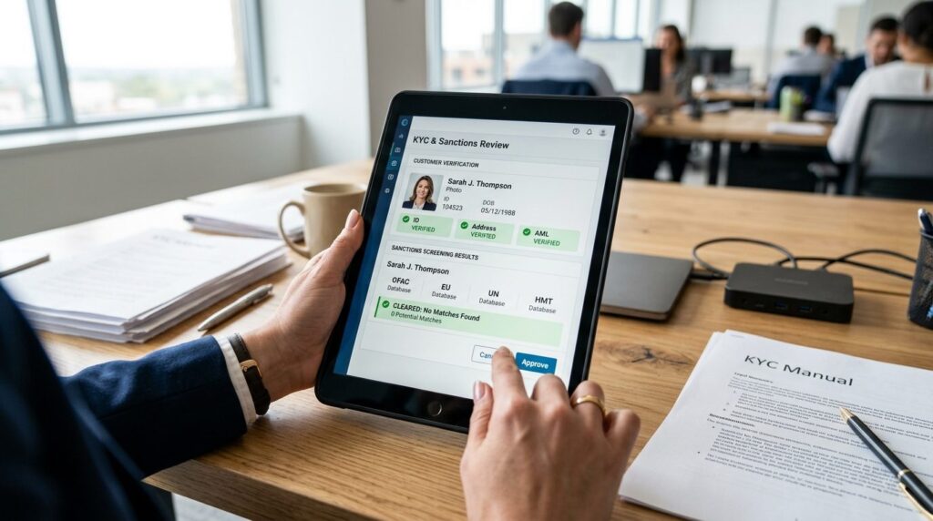 Compliance-officer holder tablet med dokumenter og noterer compliance-oplysninger.