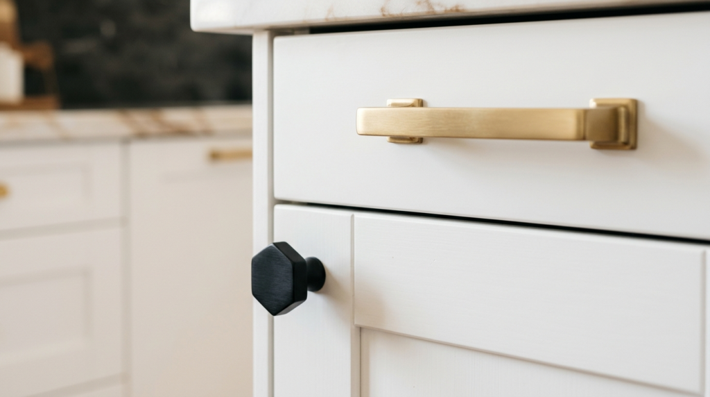 Close-up detail shot of premium kitchen hardware installatio