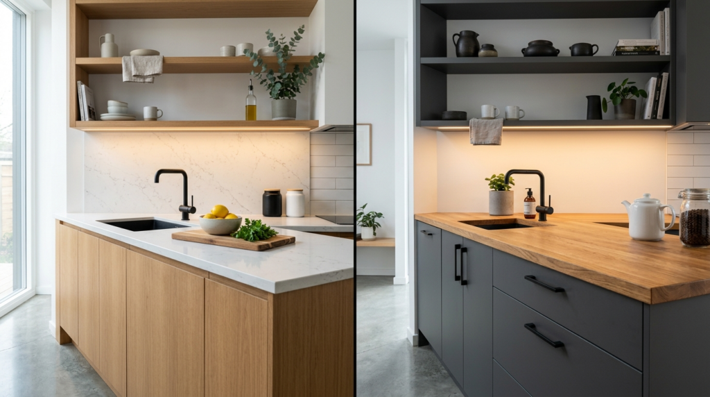 Modern kitchen countertop comparison, split composition show