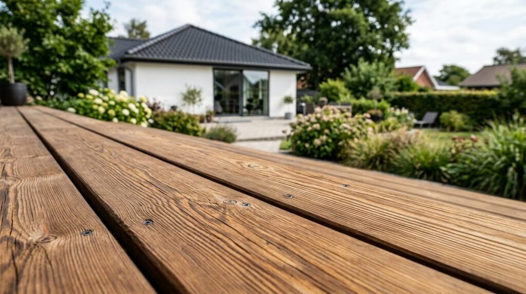 Close-up detail shot of high-quality wooden terrace decking 