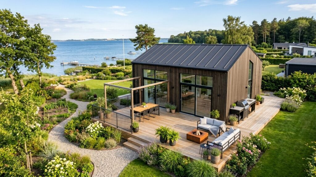 Elevated view of a beautiful wooden terrace attached to a Sc