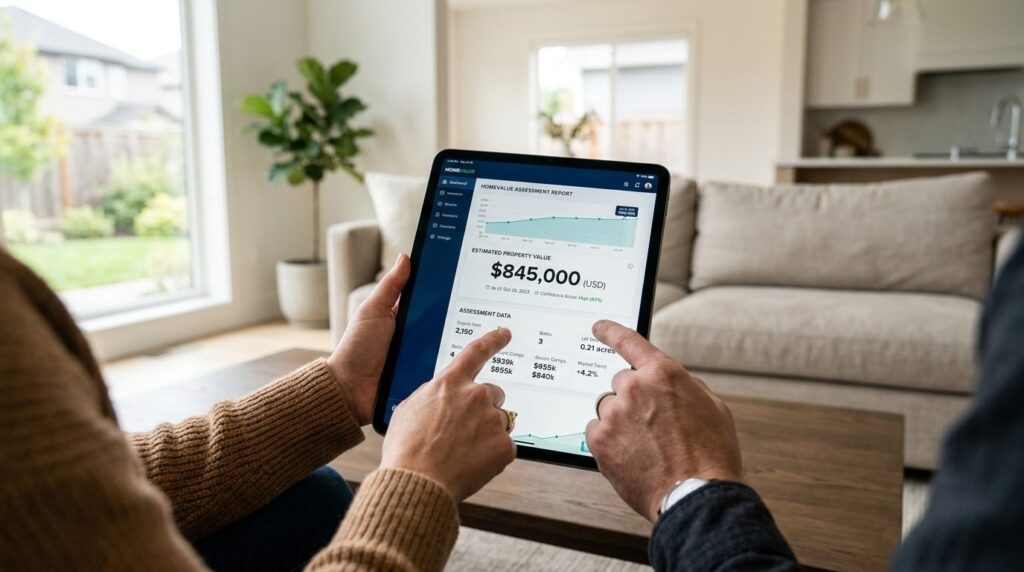 Close-up of tablet screen displaying property valuation repo