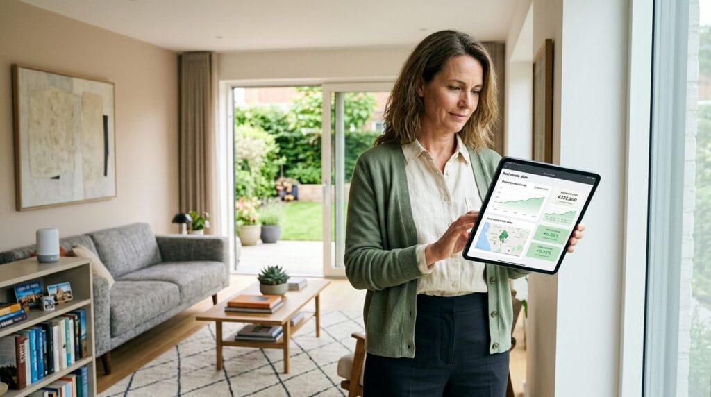 Middle-aged homeowner woman standing in living room of moder