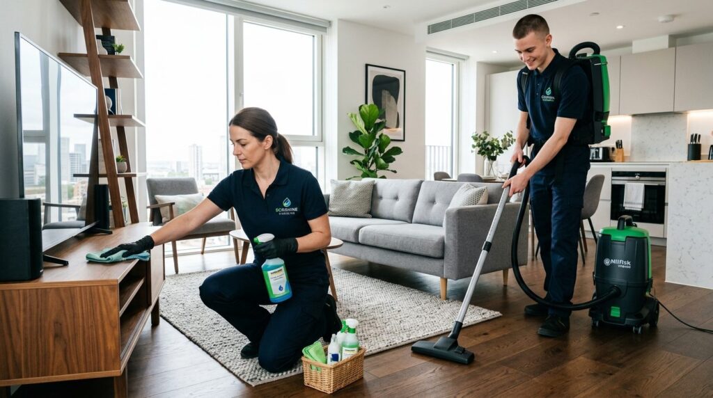 Close-up of professional cleaning team in uniform using eco-