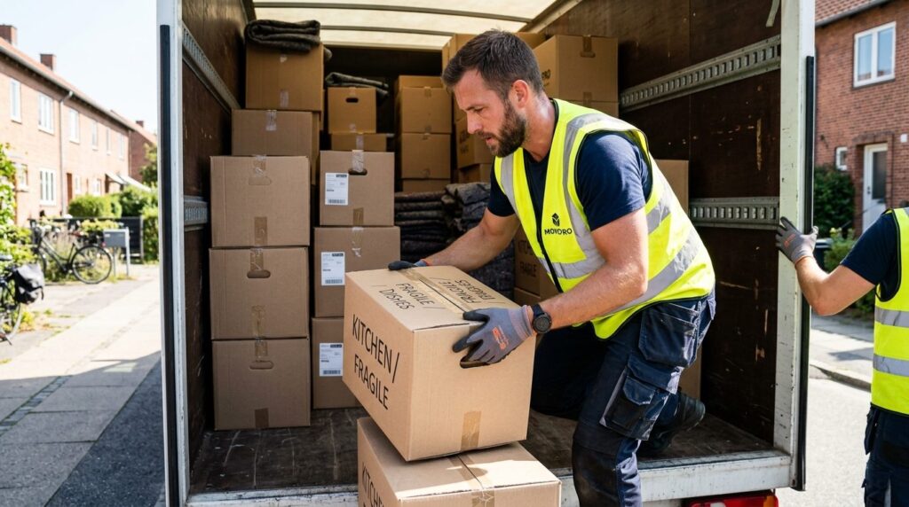 Close-up detail shot of a professional moving crew efficient