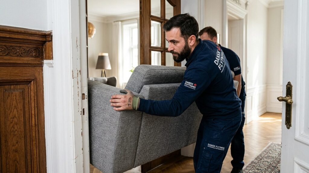Close-up of professional movers navigating a large sofa thro