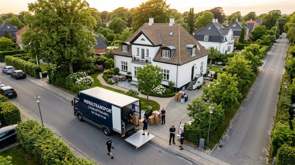 Aerial view of a moving truck parked outside an elegant Char
