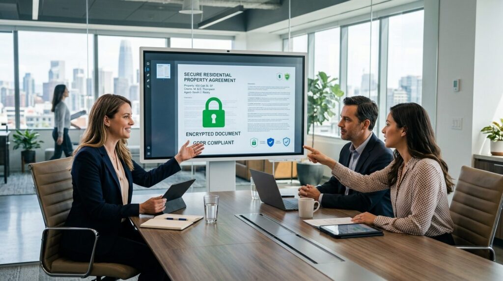 Business meeting between real estate agent and clients revie