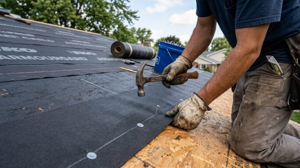 Close-up shot of roofers hands installing new tar paper roo