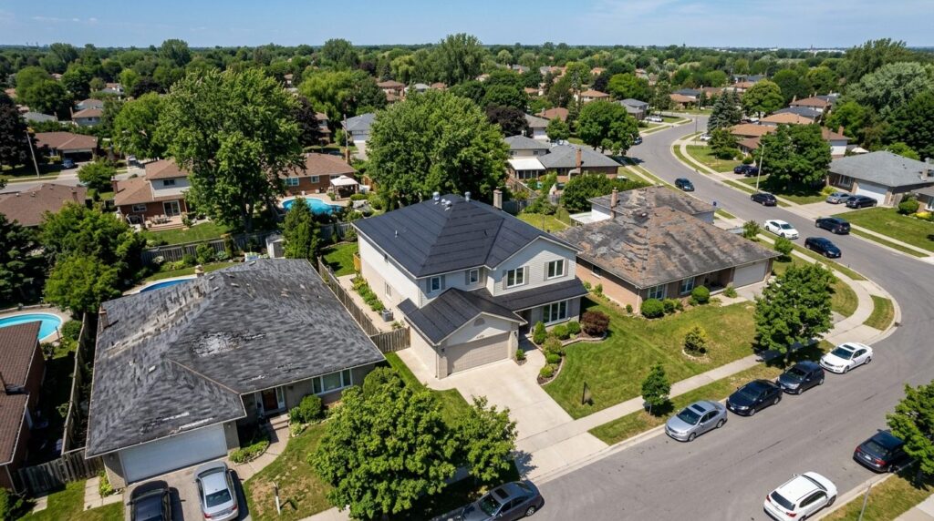 Aerial view of residential house with newly renovated roof c