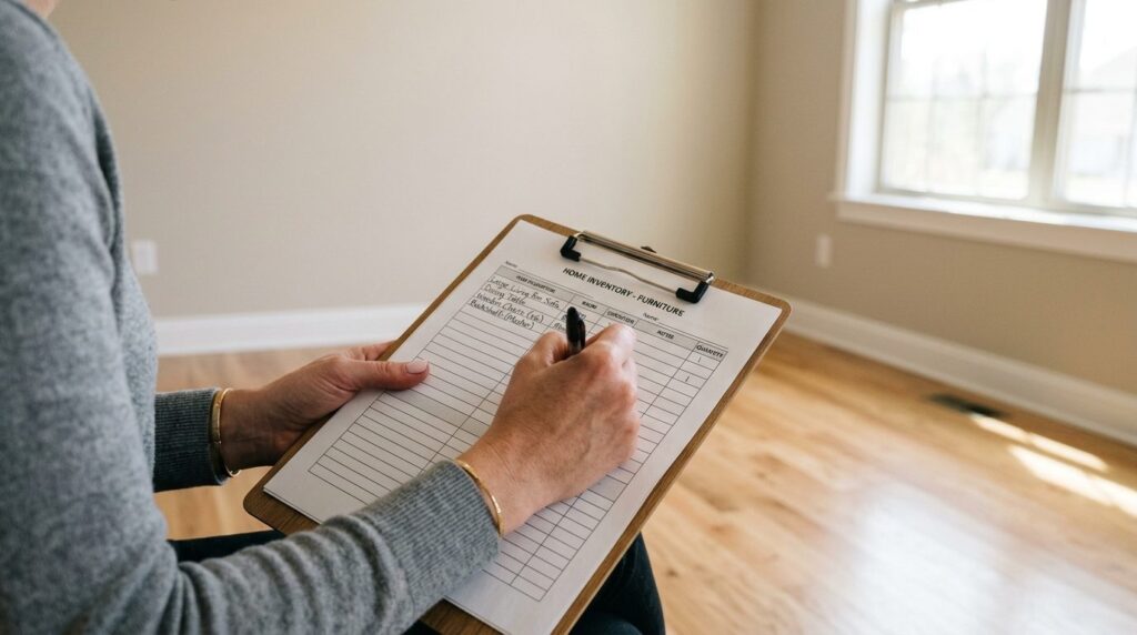 Close-up shot of a womans hands writing down furniture inve