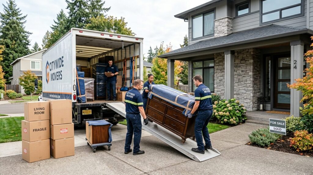 Moving day scene: Open truck or van backed up to residential