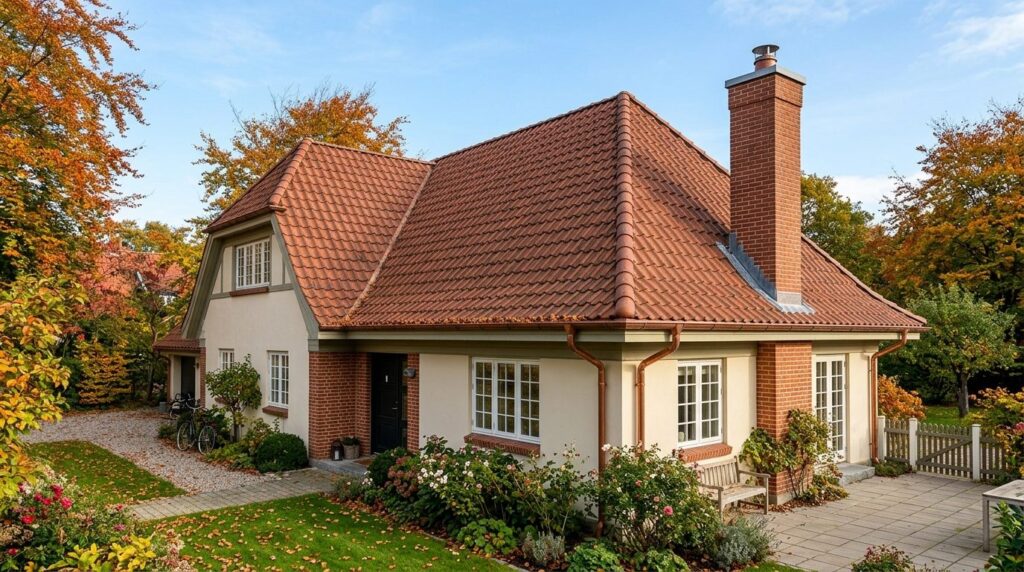 Wide angle view of a complete residential roof on a Danish-s