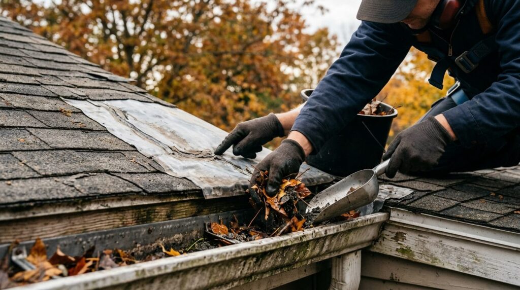 Close-up detail shot of roof maintenance work in progress, s