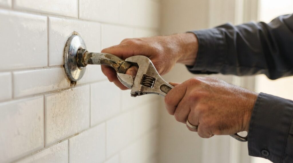 Close-up shot of hands using an adjustable wrench to unscrew