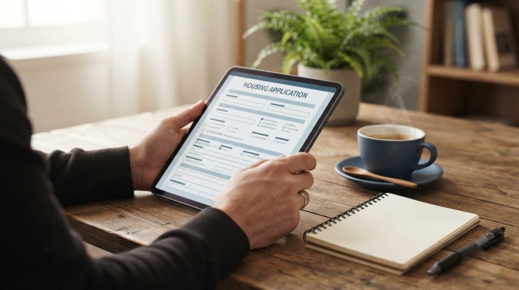 Close-up photograph of hands holding a tablet displaying a h